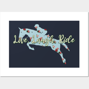 Live Laugh Ride - Vintage Powder Blue Floral Pattern Hunter Jumper Horse Posters and Art